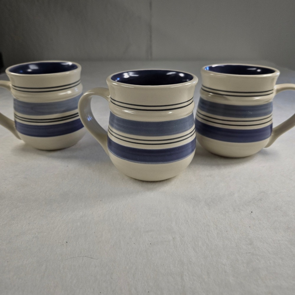 Pfaltzgraff Yorktowne Blue Striped‎ Stoneware Coffee Mugs Set of 3 Cream Navy